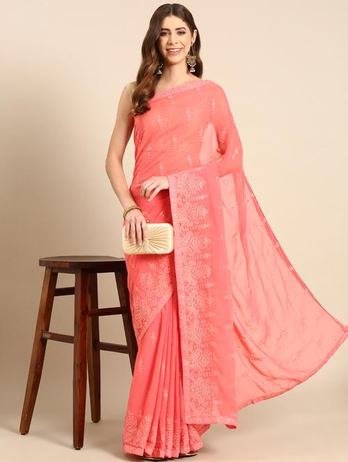 women pink embroidered saree - 21400800 - Very Small Image - 1