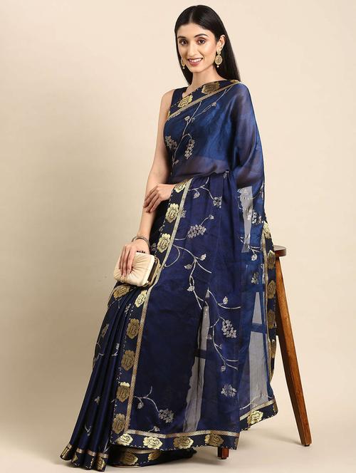 women blue printed georgette saree - 21400801 - Very Small Image - 1