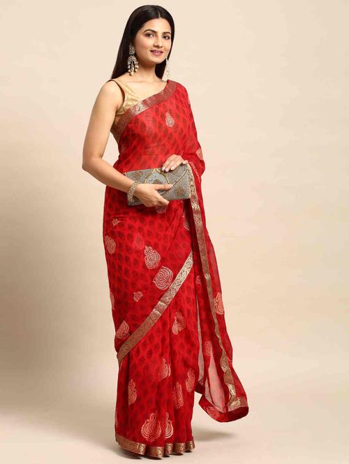 womne red printed georgette saree - 21400951 - Very Small Image - 1