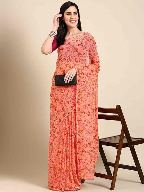 women peach floral printed saree - 21401000 - Very Small Image - 1