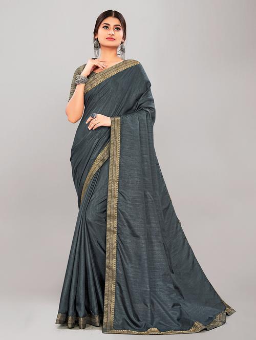 women grey solid lace work saree - 21401147 - Very Small Image - 1