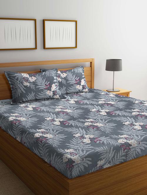 fabinaliv grey floral 300 tc cotton blend super king size double bedsheet with 2 pillow covers - 21401413 - Very Small Image - 1
