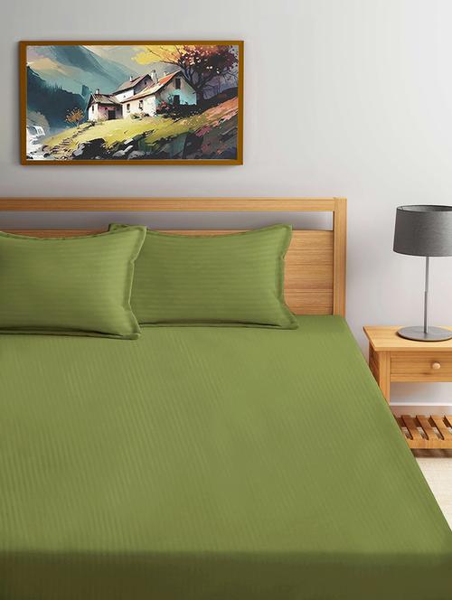 fabinaliv olive striped 300 tc cotton blend super king size double bedsheet with 2 pillow covers - 21401472 - Very Small Image - 1