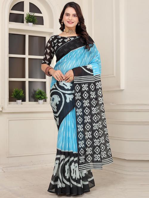 light blue linen printed saree - 21401693 - Very Small Image - 1