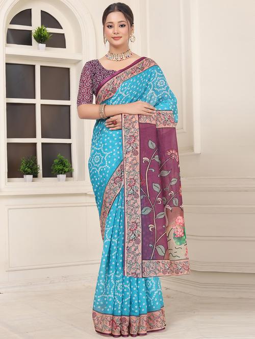 light blue linen printed saree - 21401704 - Very Small Image - 1