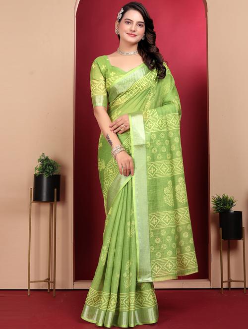 olive linen printed saree - 21401718 - Very Small Image - 1