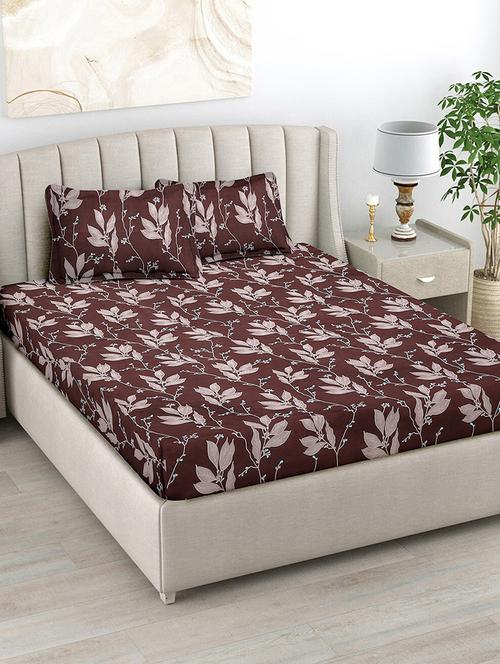 fabinaliv brown floral 300 tc cotton blend king size double bedsheet with 2 pillow covers - 21401775 - Very Small Image - 1