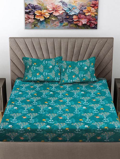 fabinaliv turquoise floral 300 tc cotton blend super king size fitted double bedsheet with 2 pillow covers - 21401781 - Very Small Image - 1