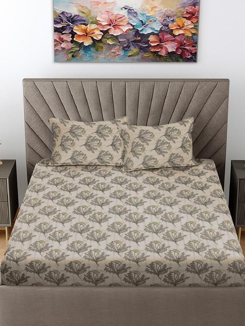 fabinaliv beige floral 300 tc cotton blend super king size fitted double bedsheet with 2 pillow covers - 21401783 - Very Small Image - 1