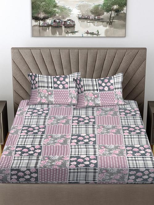 fabinaliv multicolor geometric 300 tc cotton blend super king size fitted double bedsheet with 2 pillow covers - 21401787 - Very Small Image - 1