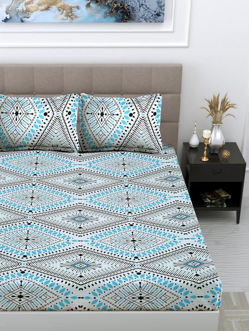 fabinaliv printed cotton super king size fitted double bedsheet with 2 pillow covers - 21401829 - Very Small Image - 1