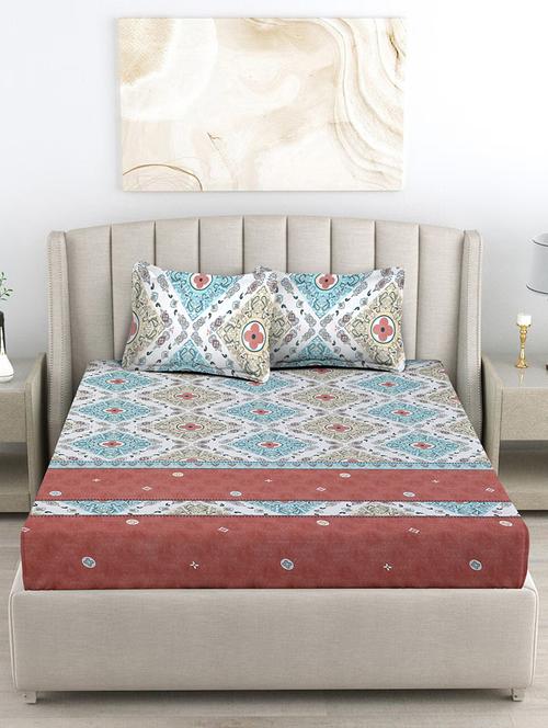 fabinaliv printed cotton super king size fitted double bedsheet with 2 pillow covers - 21401830 - Very Small Image - 1