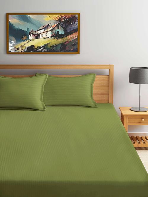 fabinaliv olive striped 300 tc cotton blend super king size fitted double bedsheet with 2 pillow covers - 21401882 - Very Small Image - 1