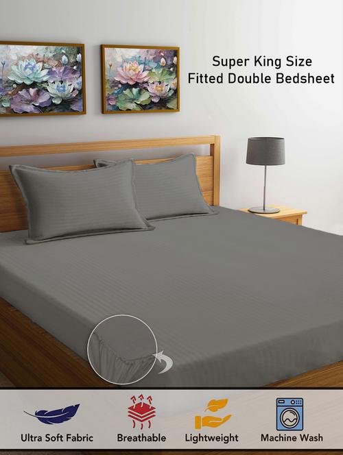 fabinaliv grey striped 300 tc cotton blend super king size fitted double bedsheet with 2 pillow covers - 21401946 - Very Small Image - 1