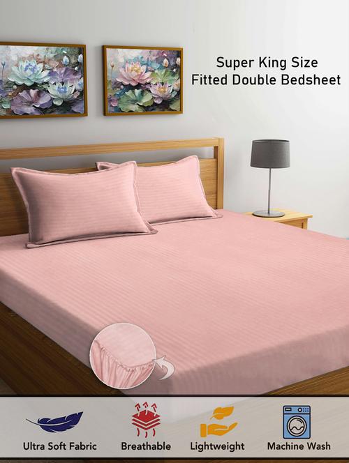 fabinaliv peach striped 300 tc cotton blend super king size fitted double bedsheet with 2 pillow covers - 21401947 - Very Small Image - 1