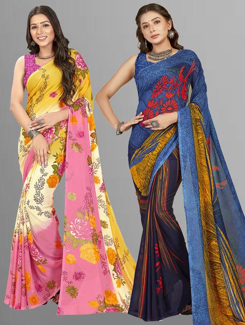 pack of 2 multi colored combo saree with blouse - 21406214 - Very Small Image - 1