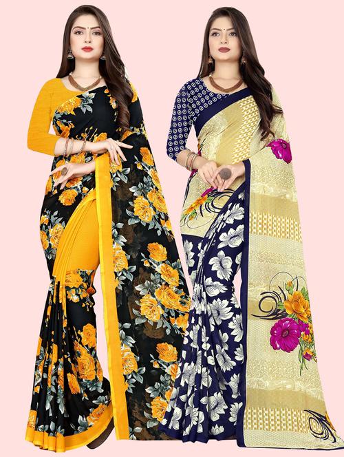 pack of 2 printed casual wear sarees with blouse - 21409910 - Very Small Image - 1
