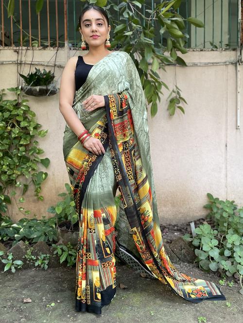 women green printed georgette saree - 21412788 - Very Small Image - 1