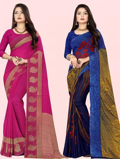 pack of 2 printed sarees with blouse - 21414948 - Very Small Image - 1