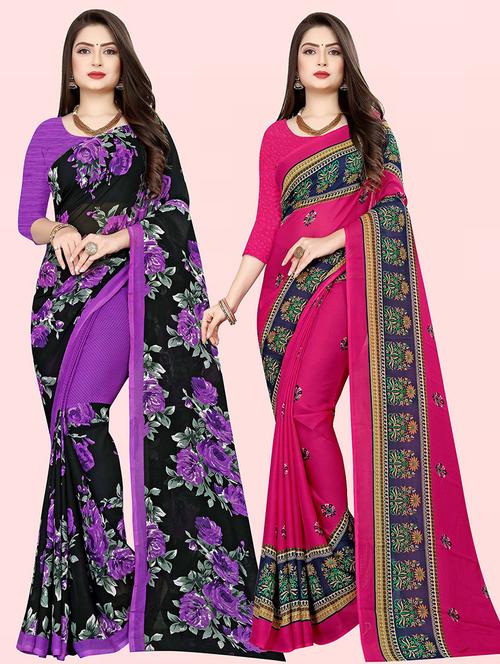 pack of 2 printed casual wear sarees with blouse - 21415840 - Very Small Image - 1