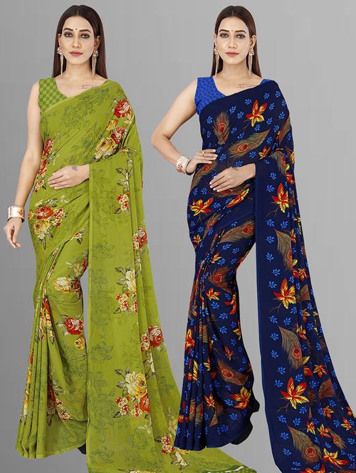 pack of 2 printed casual wear sarees with blouse - 21417348 - Very Small Image - 1
