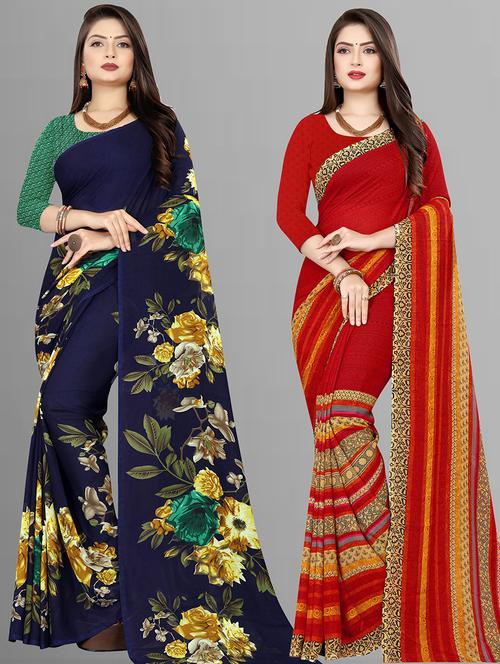 pack of 2 printed casual wear sarees with blouse - 21431664 - Very Small Image - 1