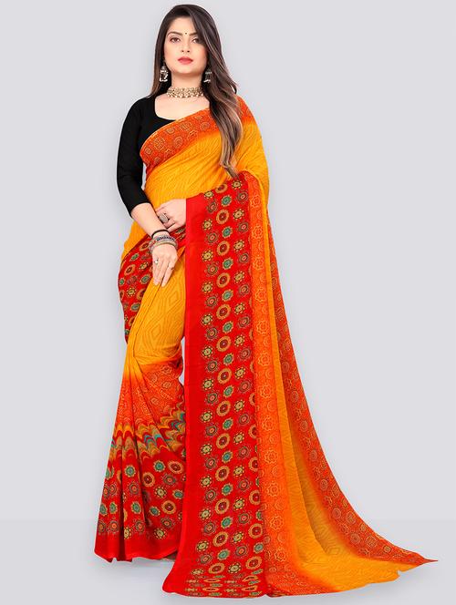 women mustard printed georgette saree - 21434802 - Very Small Image - 1