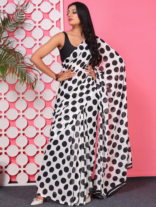 women white printed saree with blouse - 21436374 - Very Small Image - 1