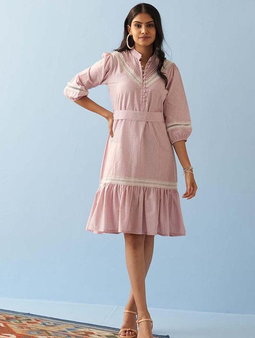 women pink mandarin neck fit & flare dress - 21446306 - Very Small Image - 1
