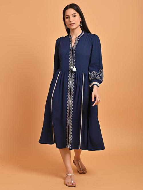 women blue mandarin neck a-line dress - 21450320 - Very Small Image - 1