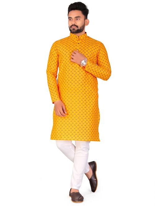 men yellow cotton blend long kurta - 21450567 - Very Small Image - 1