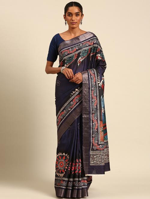 women navy blue printed nauvari saree with blouse - 21451331 - Very Small Image - 1
