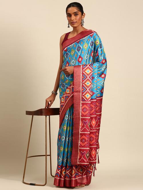 women light blue ikat printed saree with blouse - 21451352 - Very Small Image - 1