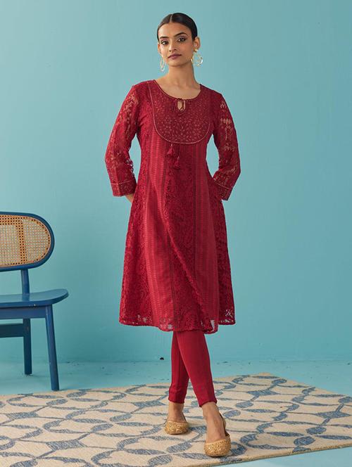 women solid with work embroidered schiffli a-line kurta - 21451495 - Very Small Image - 1
