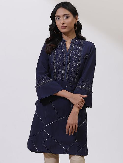 women navy blue cotton straight kurti - 21451523 - Very Small Image - 1