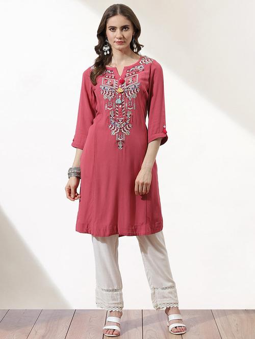 women pink crepe a-line kurti - 21451597 - Very Small Image - 1