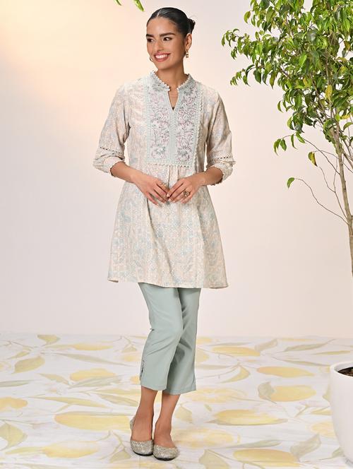 women solid with work embroidered schiffli a-line kurti - 21451610 - Very Small Image - 1
