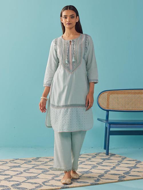 women light blue kurta pant set - 21451771 - Very Small Image - 1