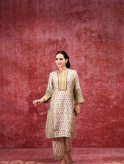 women beige paisley printed kurta pant set - 21451818 - Very Small Image - 1