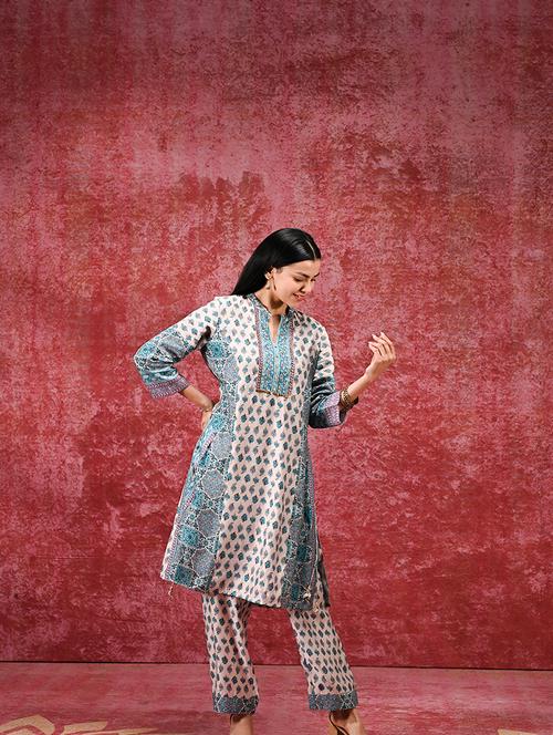 women teal paisley printed kurta pant set - 21451819 - Very Small Image - 1