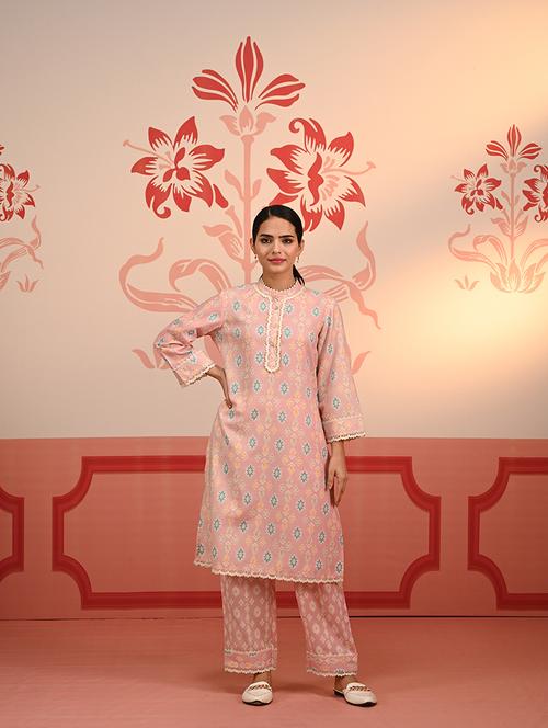 women pink ikat printed kurta pant set - 21451823 - Very Small Image - 1