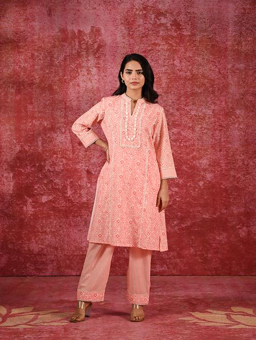 women peach batik printed kurta pant set - 21451829 - Very Small Image - 1