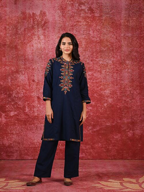 navy blue cotton blend kurta pant set - 21451854 - Very Small Image - 1