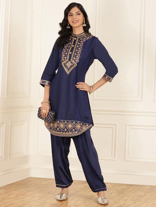 women navy blue embroidered kurta salwar set - 21451916 - Very Small Image - 1