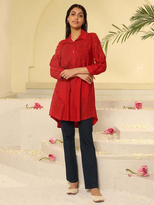 red embroidered collar tunic - 21451962 - Very Small Image - 1