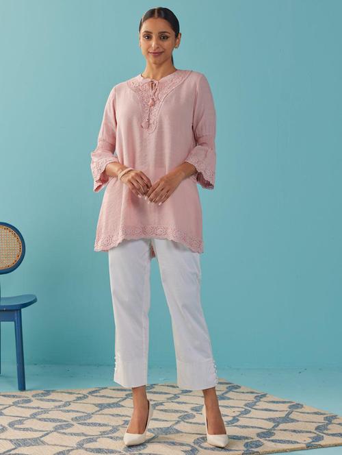 pink lace work bell sleeve tunic - 21452024 - Very Small Image - 1