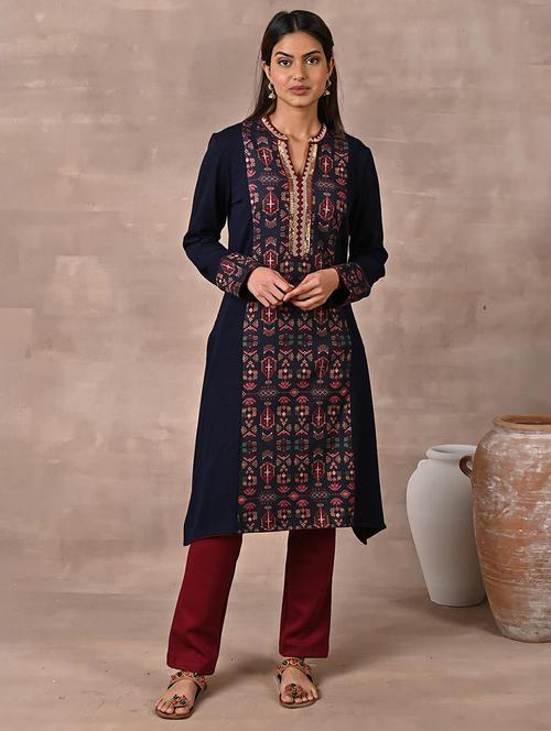 women navy blue cotton a-line kurta - 21452118 - Very Small Image - 1