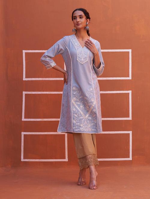 women solid with work three quarter sleeve schiffli a-line kurta - 21452133 - Very Small Image - 1