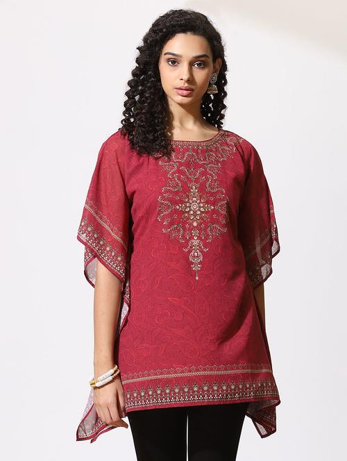 women red round neck kaftan kurti - 21452243 - Very Small Image - 1