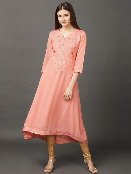 women solid with work three quarter sleeve a-line kurta - 21452301 - Very Small Image - 1